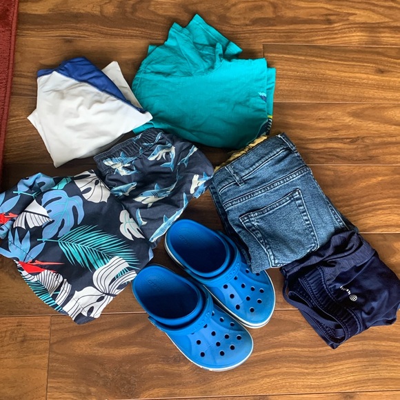 DONATED. Lot Crocs size 2 plus Zara jeans and Hartley tshirt and swim trunks - Picture 1 of 12